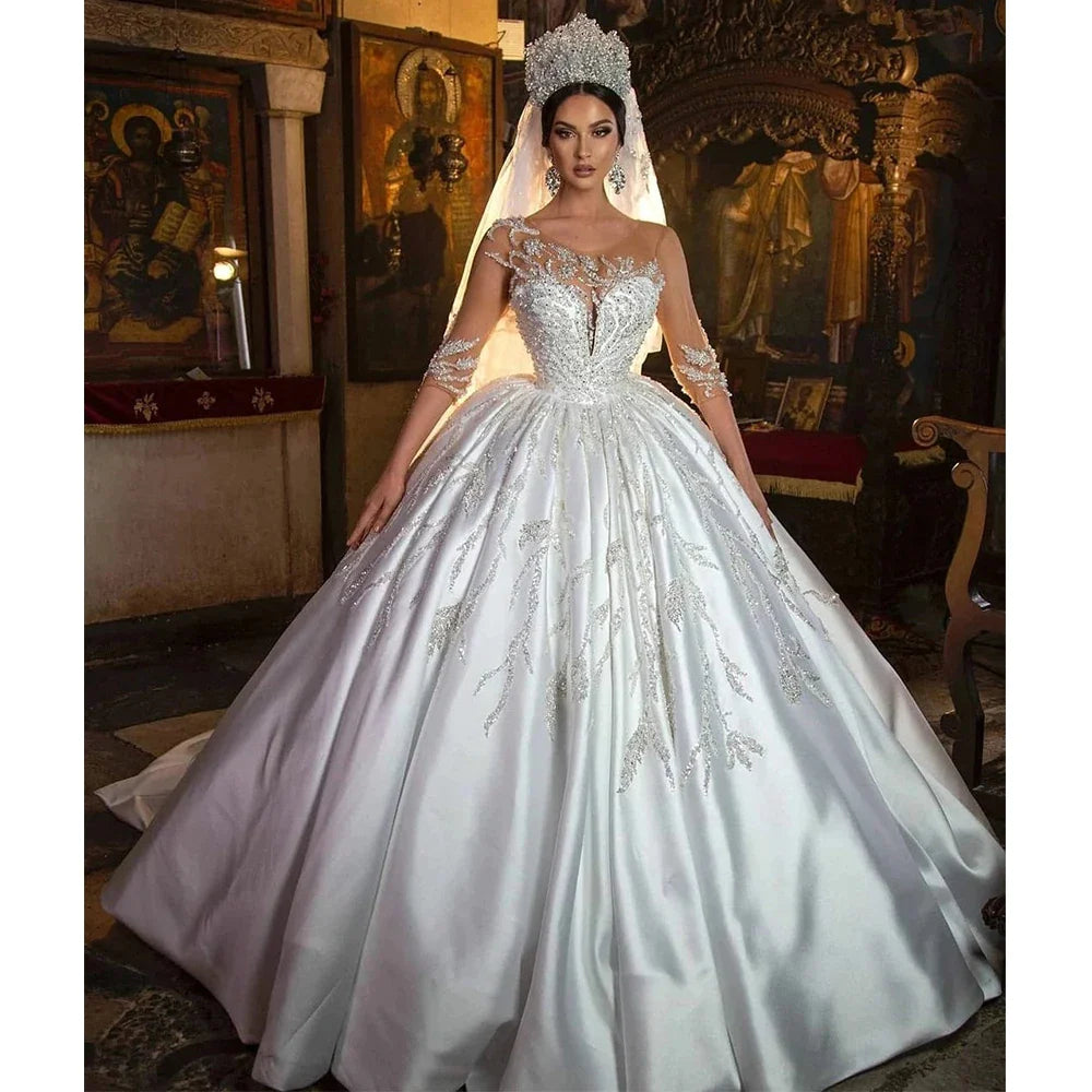 Retro Appliques Satin Beading Wedding Dresses Sweetheart Illusion Sleeves Lace Up Bridal Gown Princess Custom Made Vestido-payinti