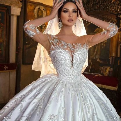 Retro Appliques Satin Beading Wedding Dresses Sweetheart Illusion Sleeves Lace Up Bridal Gown Princess Custom Made Vestido-payinti