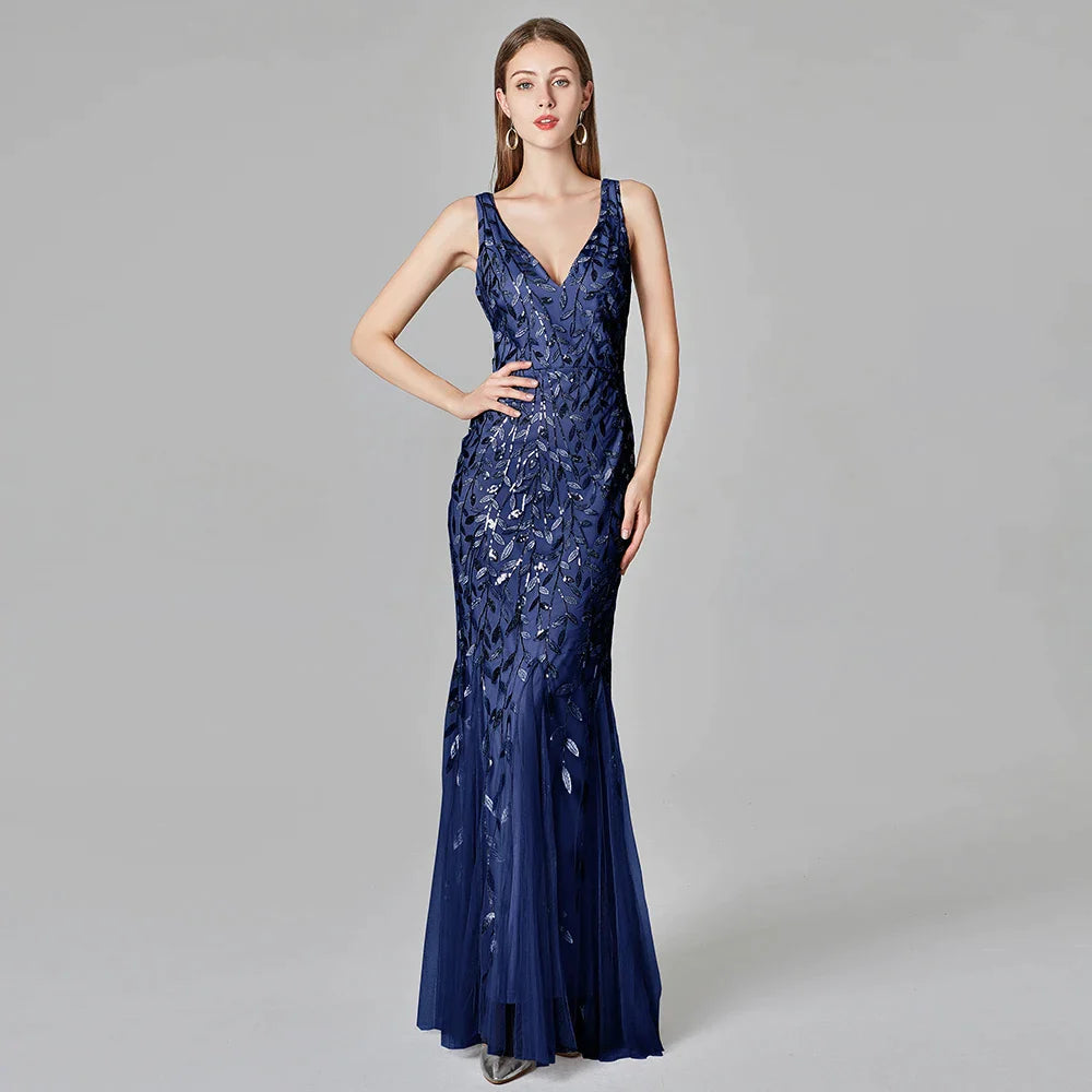 Silver Gray Elegant Fashion Evening Dresses Sexy Simple V Collar Open Back Sleeveless Embroidered Beads Fishtail Dress Gown-payinti
