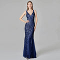 Silver Gray Elegant Fashion Evening Dresses Sexy Simple V Collar Open Back Sleeveless Embroidered Beads Fishtail Dress Gown-payinti