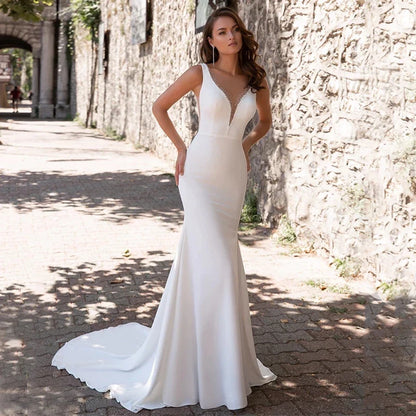 Simple And Elegant Mermaid Wedding Gauze V-Neck Sleeveless White Sweeping Train Satin Bride Gowns With Buttons Vestido De-payinti