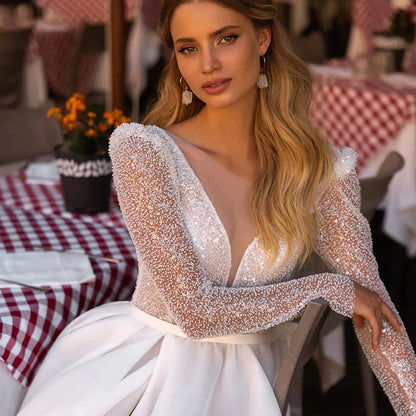 Sparkle Luxury Beach Wedding Dresses For Women Long Sleeves O-Neck Tulle Bridal Gowns A-Line Sweep Train Vestido De Novia-payinti