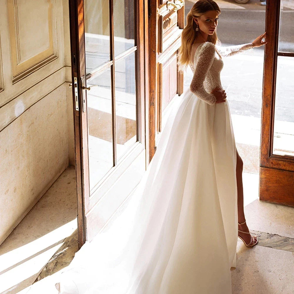Sparkle Luxury Beach Wedding Dresses For Women Long Sleeves O-Neck Tulle Bridal Gowns A-Line Sweep Train Vestido De Novia-payinti