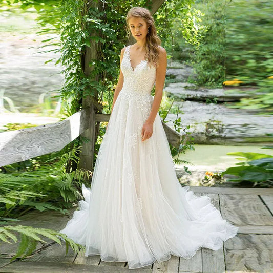 Vestido De Noiva A-Line V Neck Wedding Dress Top Lace Appliques Bridal Dress Custom Made Wedding Gown Sweep Train-payinti