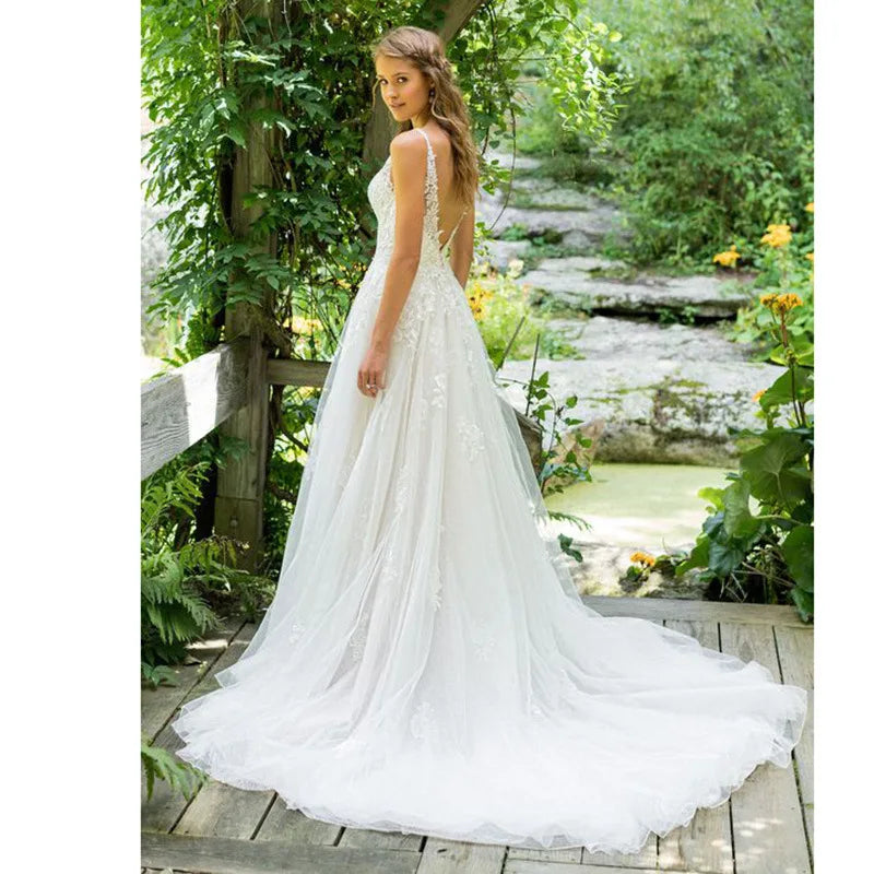 Vestido De Noiva A-Line V Neck Wedding Dress Top Lace Appliques Bridal Dress Custom Made Wedding Gown Sweep Train-payinti