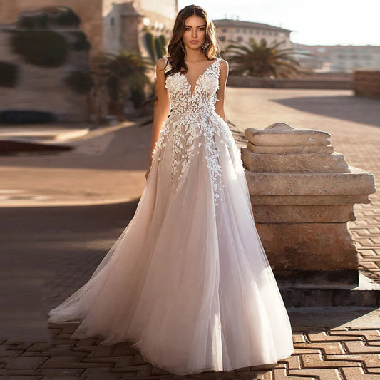 Wedding Dresses Beach Wedding Women Sexy V Large Decal 3D Flower Tulle Sleeveless Bridal Gowns Vestido De Novia Robe Mariée-payinti