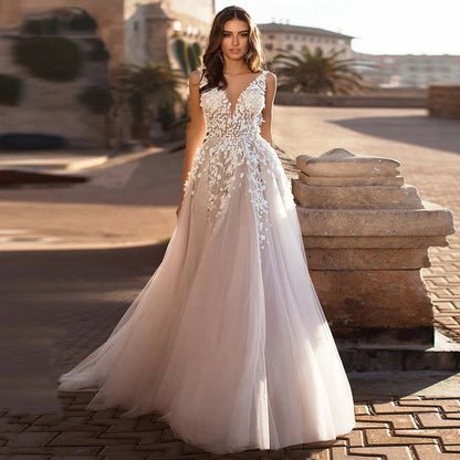 Wedding Dresses Beach Wedding Women Sexy V Large Decal 3D Flower Tulle Sleeveless Bridal Gowns Vestido De Novia Robe Mariée-payinti