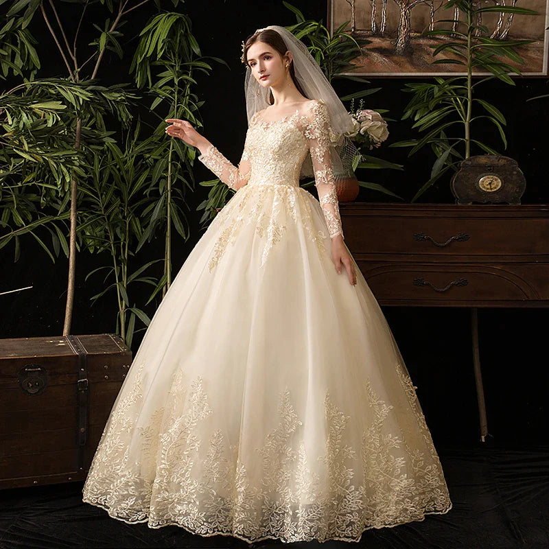 Wedding Dresses Muslim Champagne Full Sleeve Lace Bridal New Luxury Ball Gown Wedding Dress Vestido De Noiva-payinti