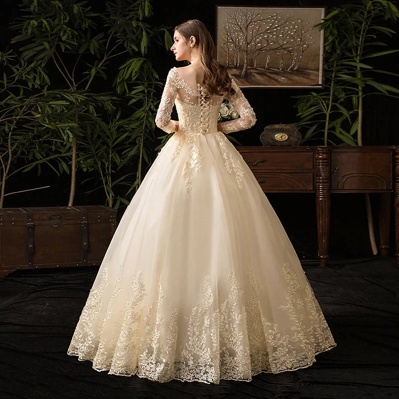 Wedding Dresses Muslim Champagne Full Sleeve Lace Bridal New Luxury Ball Gown Wedding Dress Vestido De Noiva-payinti