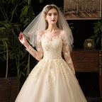 Wedding Dresses Muslim Champagne Full Sleeve Lace Bridal New Luxury Ball Gown Wedding Dress Vestido De Noiva-payinti