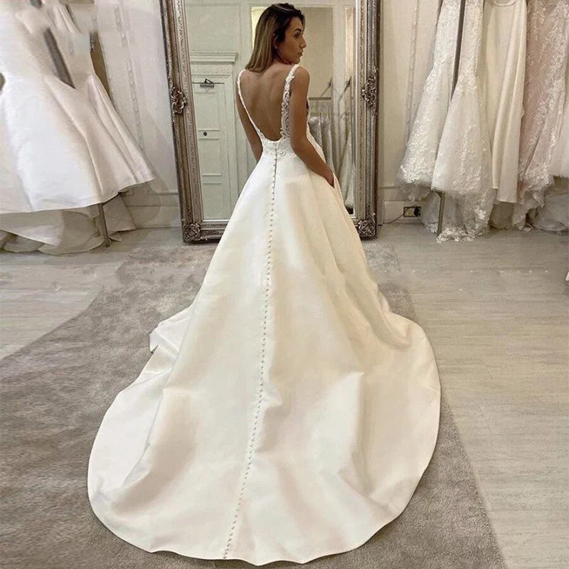 White Satin A Line Bridal Gowns Sexy Deep V Neck Wedding Dress Boho Vestido De Noiva Simple Appliques Back Less With Pocket-payinti