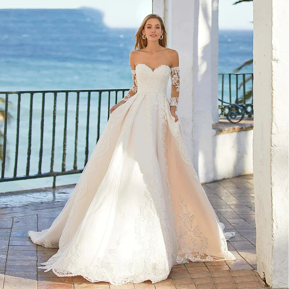 Word Wedding Dresses Women's Elegant Bohemian Beaded Sweetheart Princess Off Shoulder Long Sleeve Lace Applique Bride Gowns-payinti