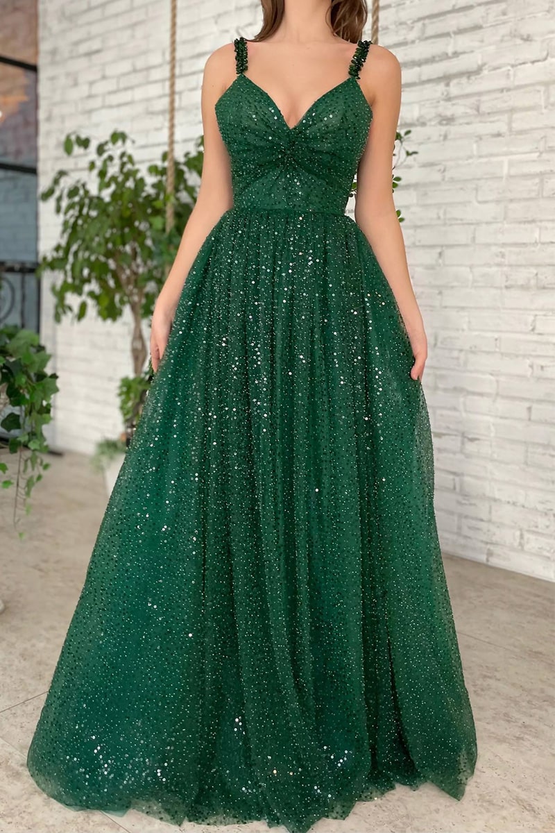 Freyja | Vestido de fiesta largo hasta el suelo de tul brillante con escote en V, cuentas y lentejuelas brillantes