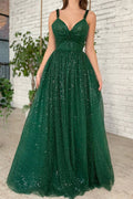Freyja | Vestido de fiesta largo hasta el suelo de tul brillante con escote en V, cuentas y lentejuelas brillantes