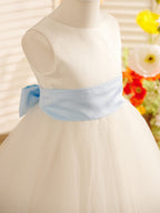 Vestido de niña de las flores de tul satinado hasta la rodilla con corte en A