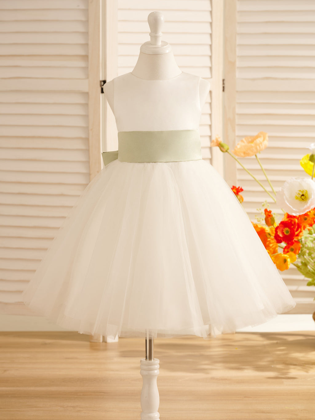 Vestido de niña de las flores de tul satinado hasta la rodilla con corte en A