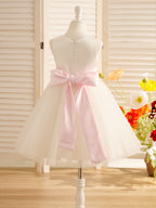 Vestido de niña de las flores de tul satinado hasta la rodilla con corte en A