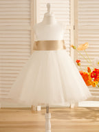Vestido de niña de las flores de tul satinado hasta la rodilla con corte en A