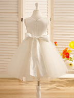 Vestido de niña de las flores de tul satinado hasta la rodilla con corte en A