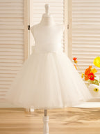 Vestido de niña de las flores de tul satinado hasta la rodilla con corte en A