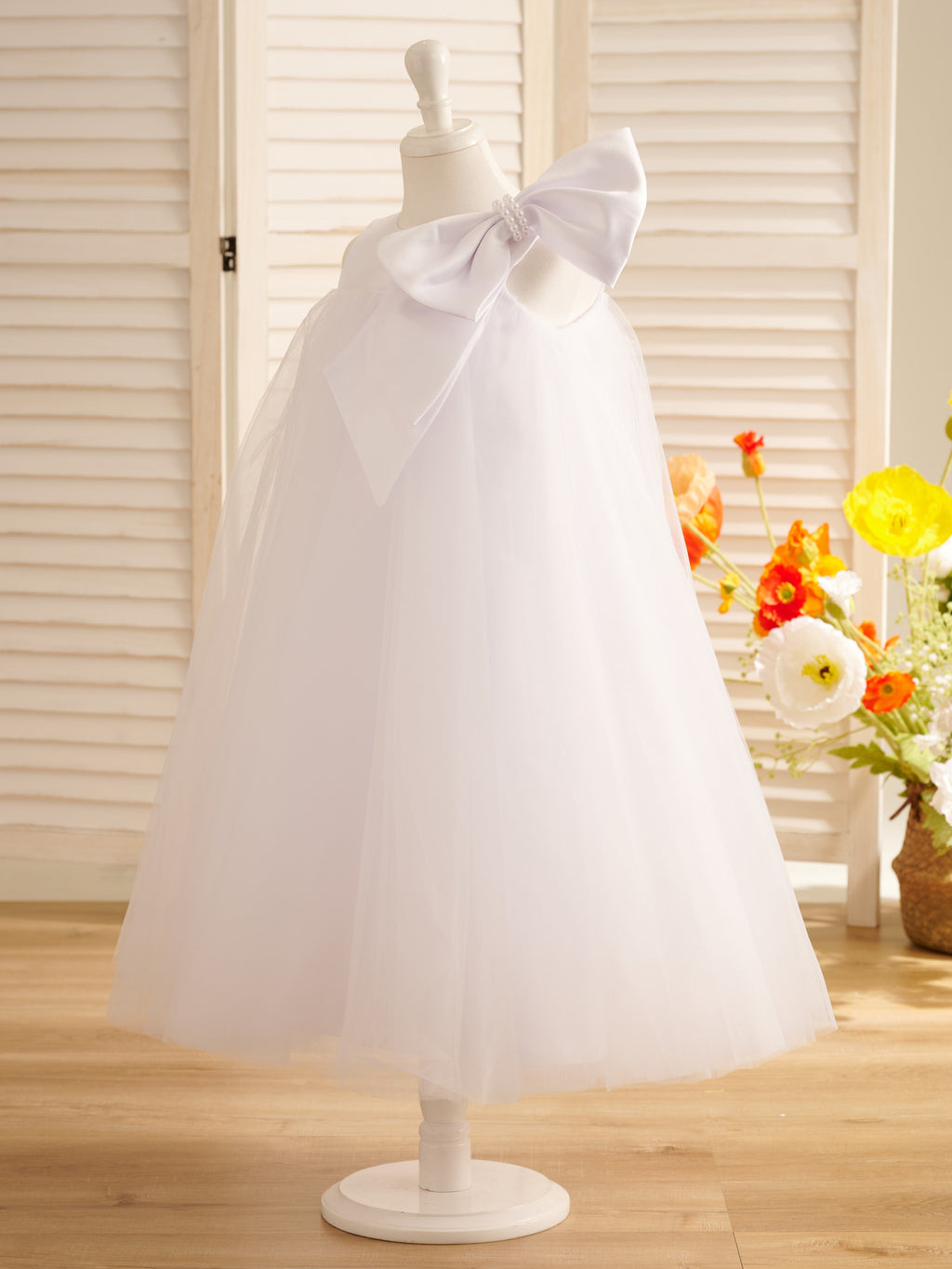 A-Linien-Kleid mit großer Schleife und Tüll in Wadenlänge für Blumenmädchen 