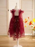 Knielanges Blumenmädchenkleid aus gebranntem orangefarbenem Spitzentüll mit Stickerei 