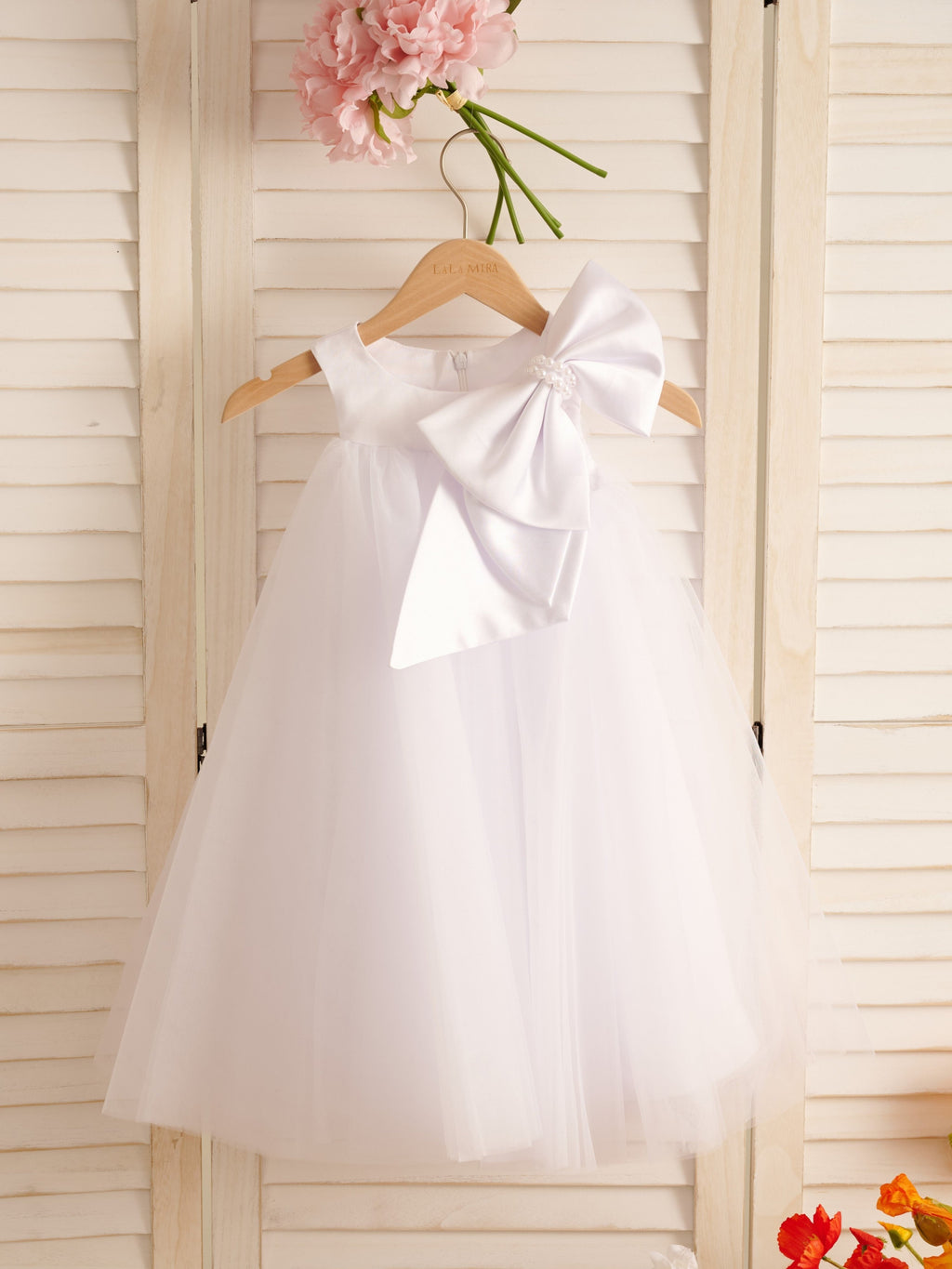A-Linien-Kleid mit großer Schleife und Tüll in Wadenlänge für Blumenmädchen