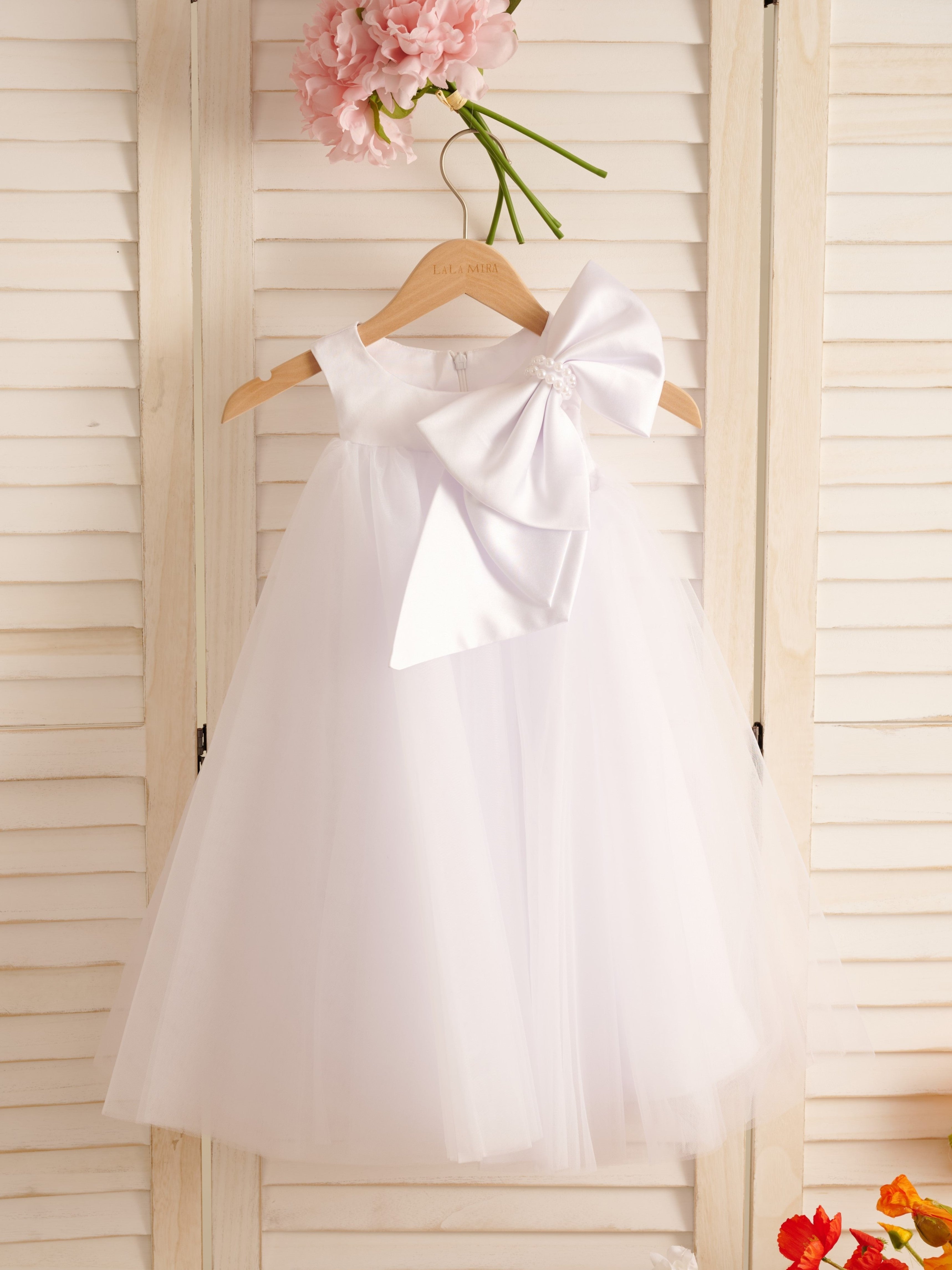 A-Linien-Kleid mit großer Schleife und Tüll in Wadenlänge für Blumenmädchen