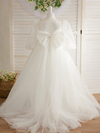 Elegant Polka Dot Tulle Puff Sleeve Sweep Train First Communion Flower Girl Dress