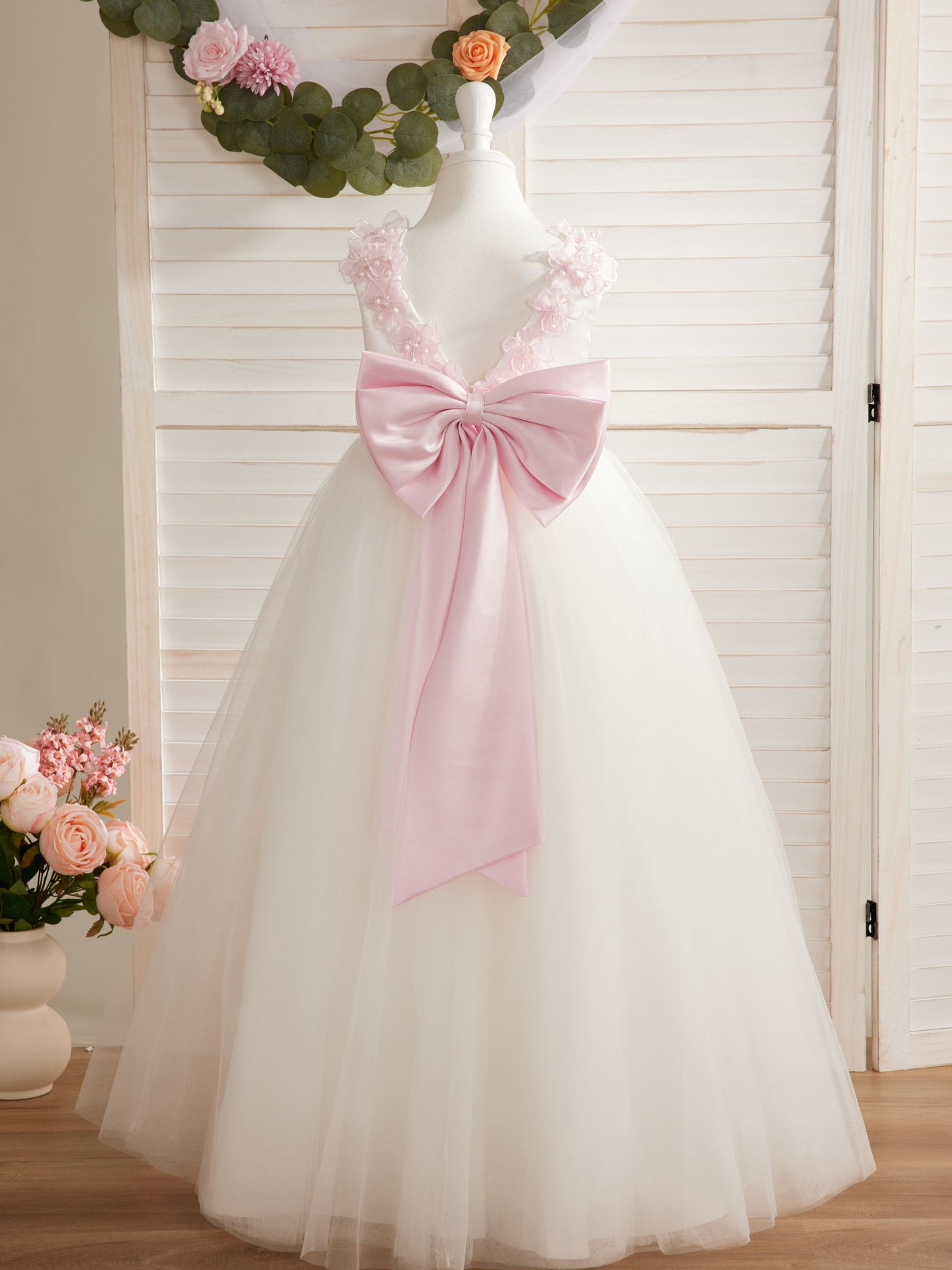 Vestido de fiesta/princesa con flores 3D de tul hasta el suelo color marfil para niña de las flores