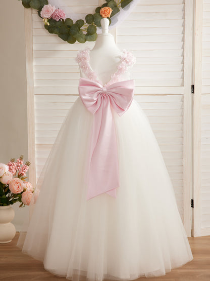 Vestido de fiesta/princesa con flores 3D de tul hasta el suelo color marfil para niña de las flores