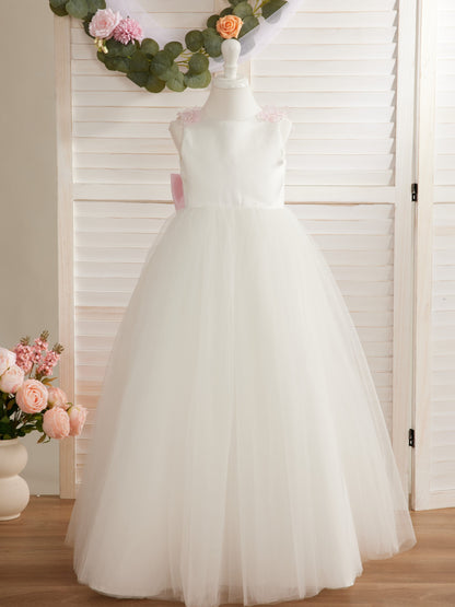 Vestido de fiesta/princesa con flores 3D de tul hasta el suelo color marfil para niña de las flores