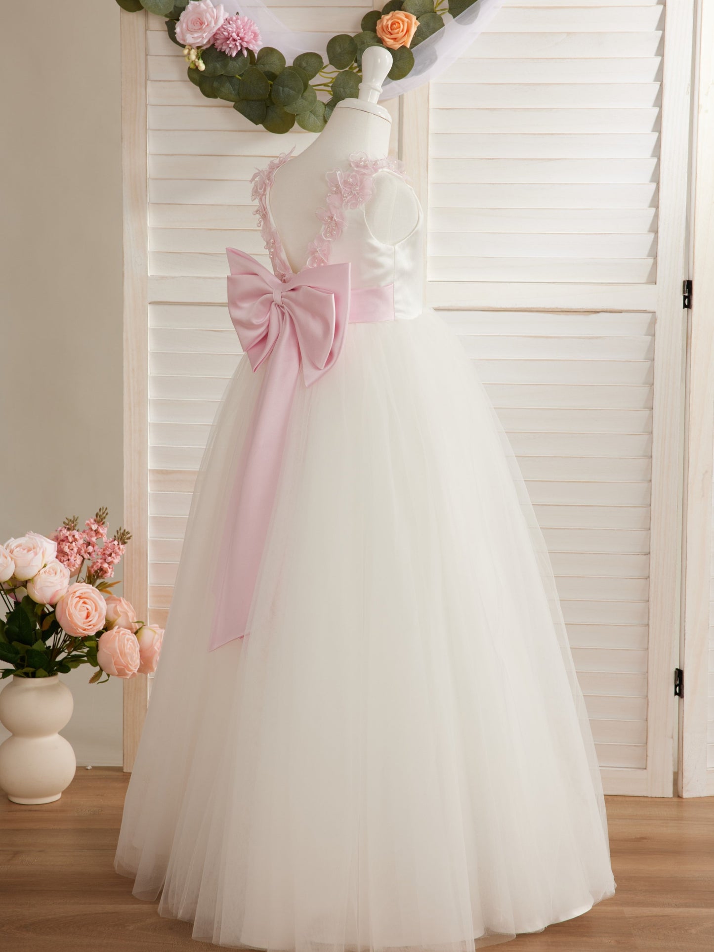 Vestido de fiesta/princesa con flores 3D de tul hasta el suelo color marfil para niña de las flores