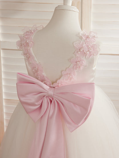 Vestido de fiesta/princesa con flores 3D de tul hasta el suelo color marfil para niña de las flores