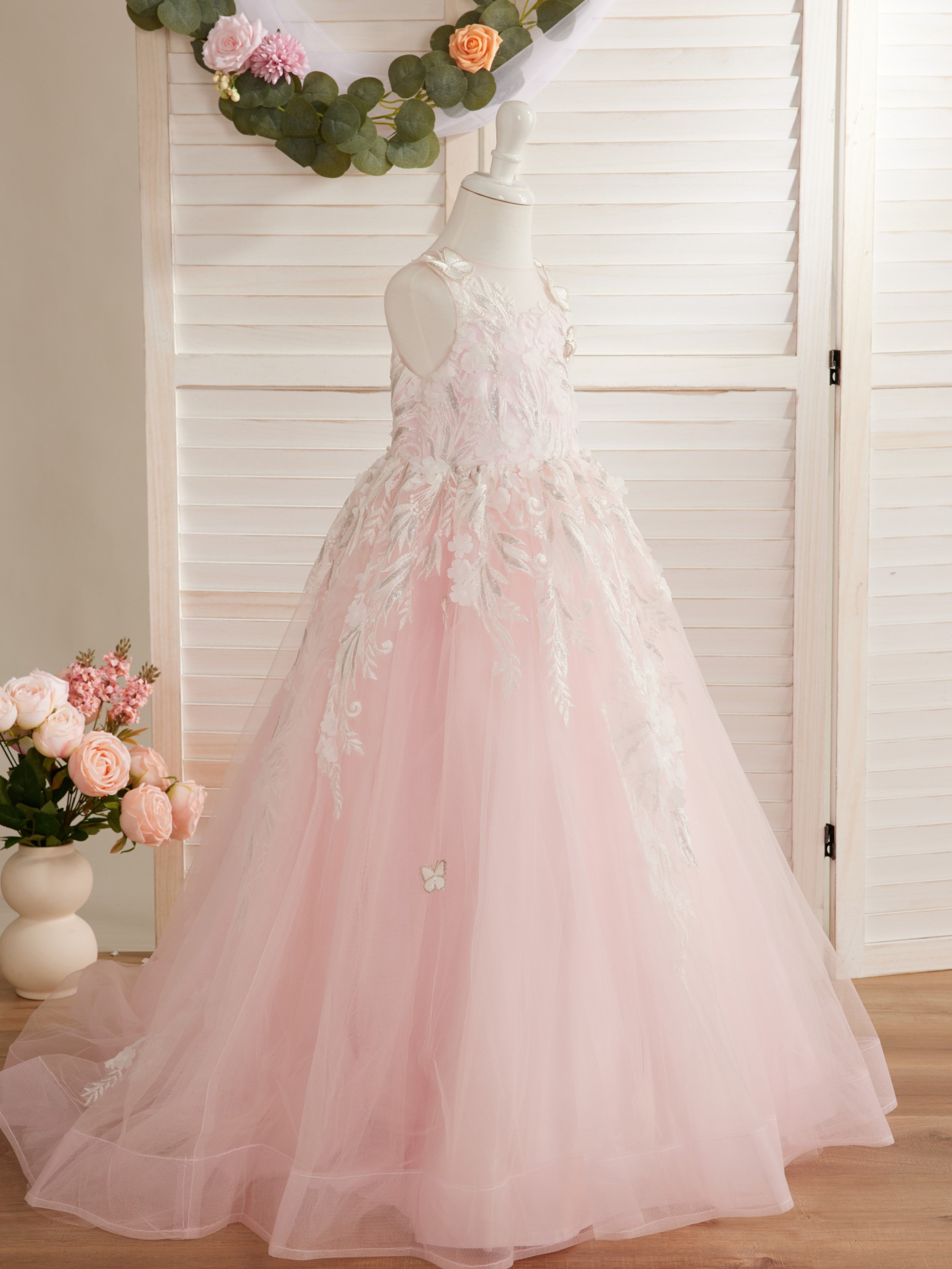 Pink Princess Ball Gown for Girls with Lace Appliqués
