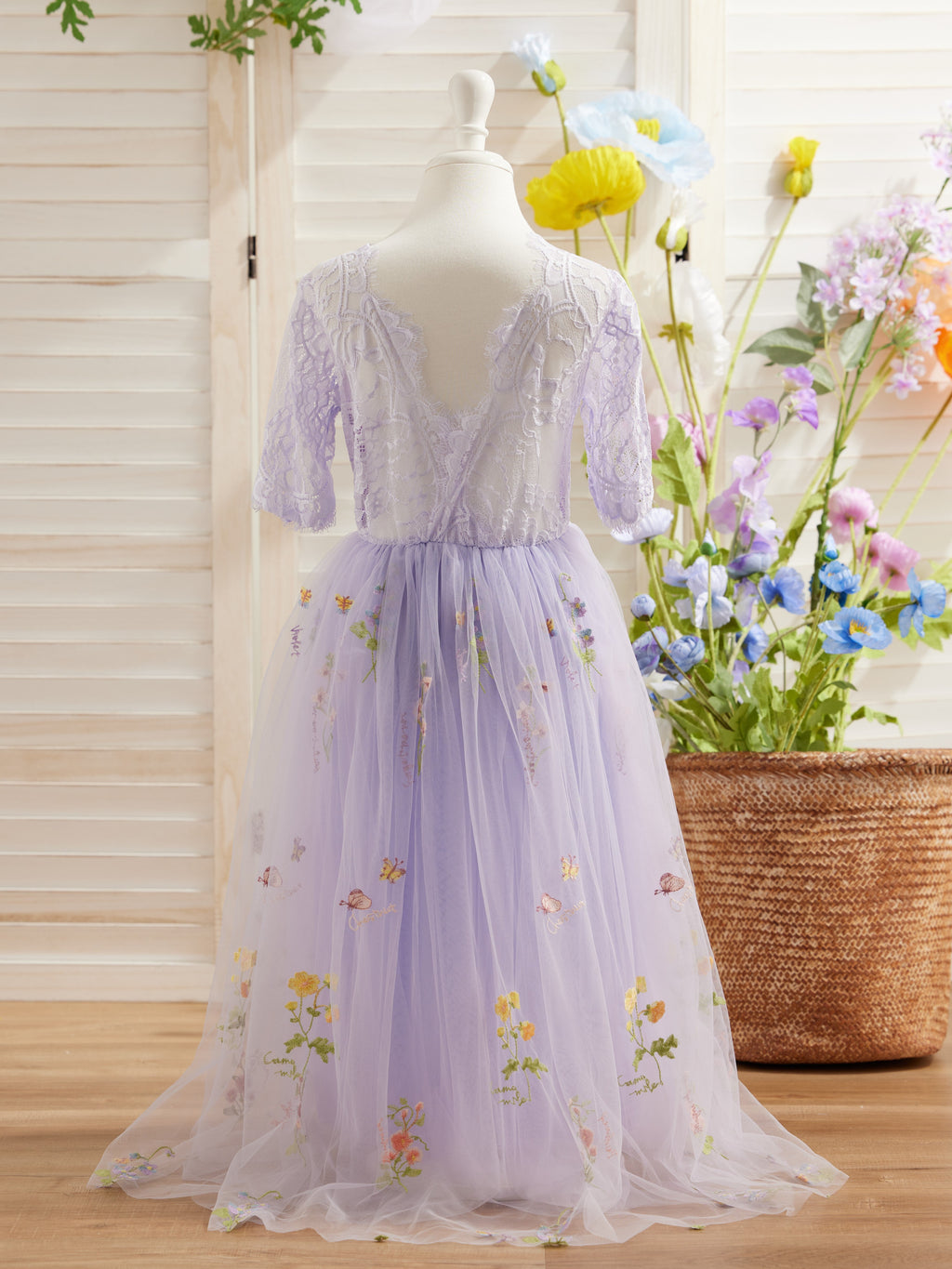 Salbeigrünes Blumenmädchenkleid aus Stoff mit U-Ausschnitt und Tüll (2003227581) 
