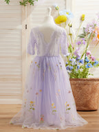 Salbeigrünes Blumenmädchenkleid aus Stoff mit U-Ausschnitt und Tüll (2003227581) 