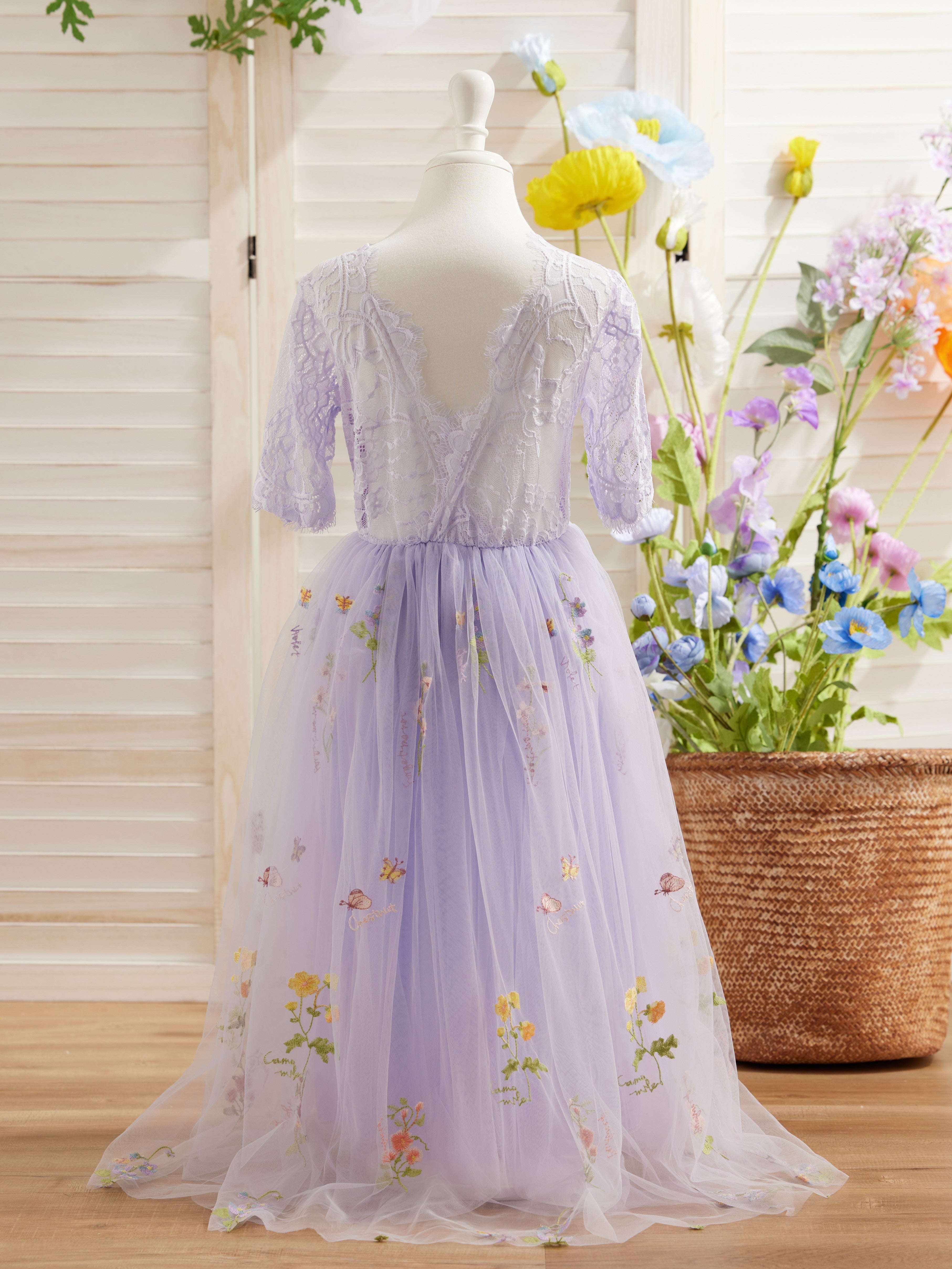 Salbeigrünes Blumenmädchenkleid aus Stoff mit U-Ausschnitt und Tüll (2003227581) 