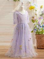 Salbeigrünes Blumenmädchenkleid aus Stoff mit U-Ausschnitt und Tüll (2003227581) 