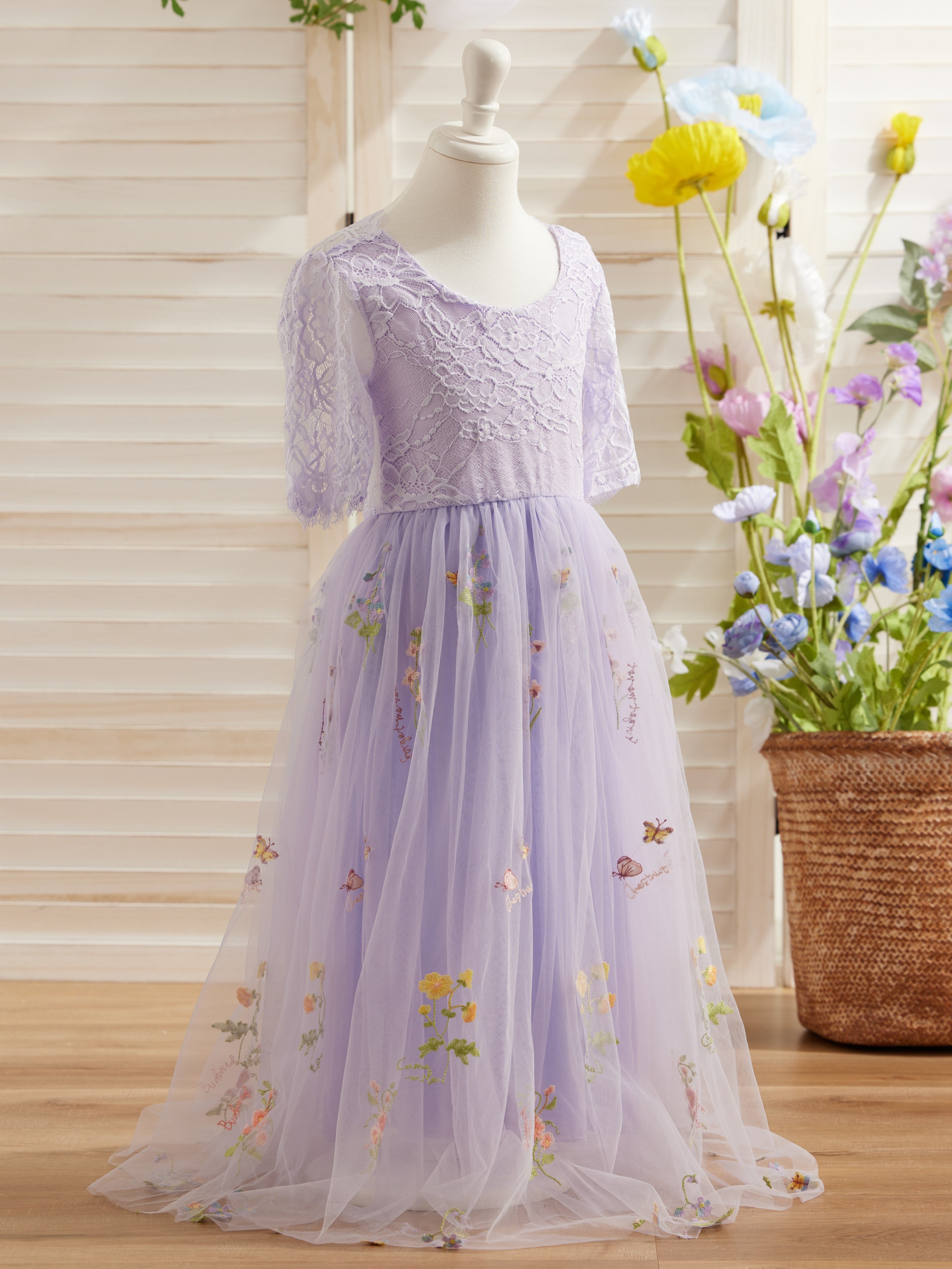 Salbeigrünes Blumenmädchenkleid aus Stoff mit U-Ausschnitt und Tüll (2003227581) 