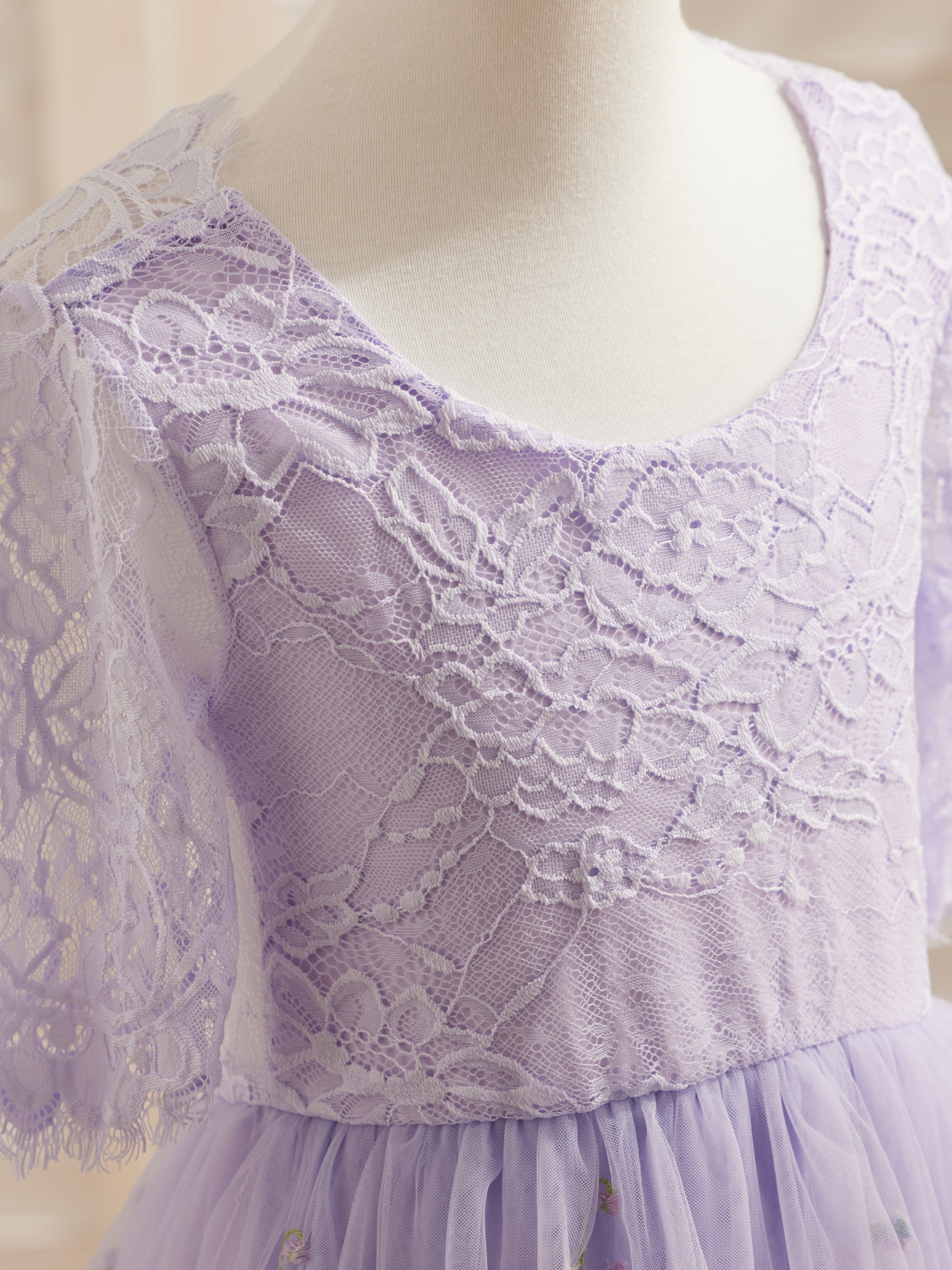 Salbeigrünes Blumenmädchenkleid aus Stoff mit U-Ausschnitt und Tüll (2003227581) 