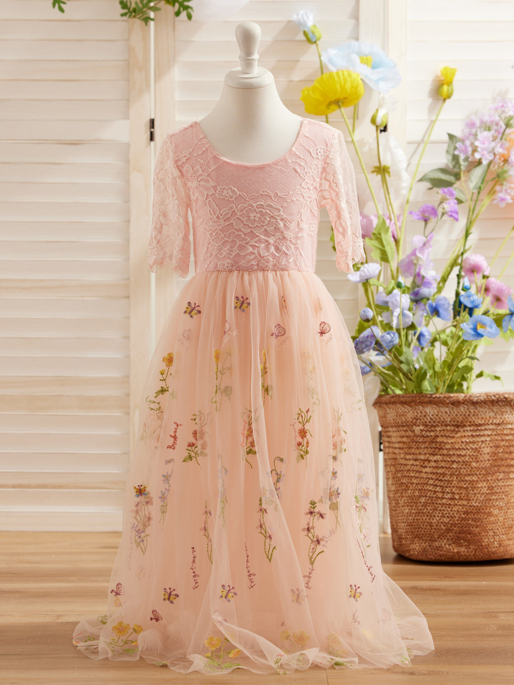 Salbeigrünes Blumenmädchenkleid aus Stoff mit U-Ausschnitt und Tüll (2003227581) 