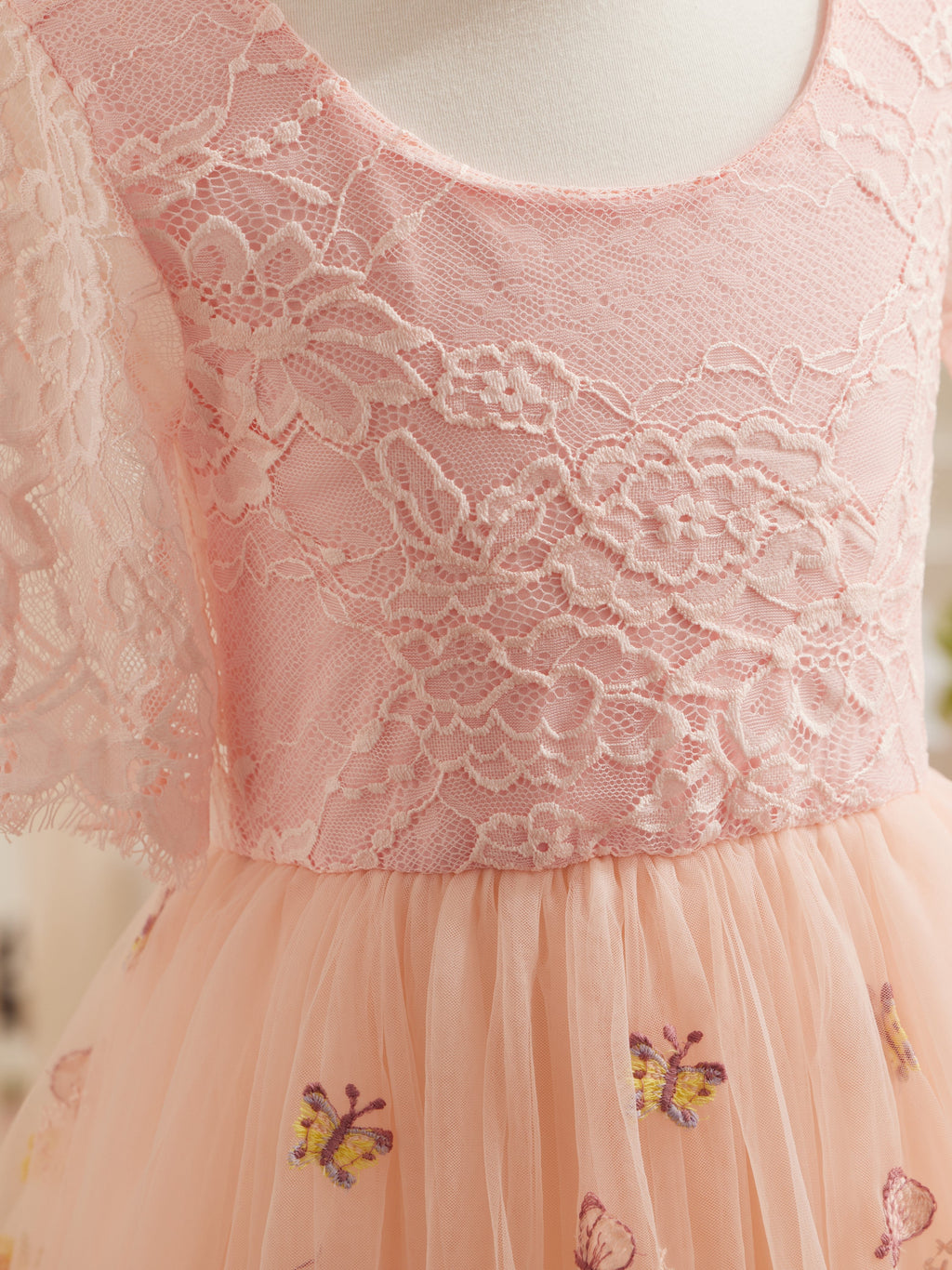 Salbeigrünes Blumenmädchenkleid aus Stoff mit U-Ausschnitt und Tüll (2003227581) 