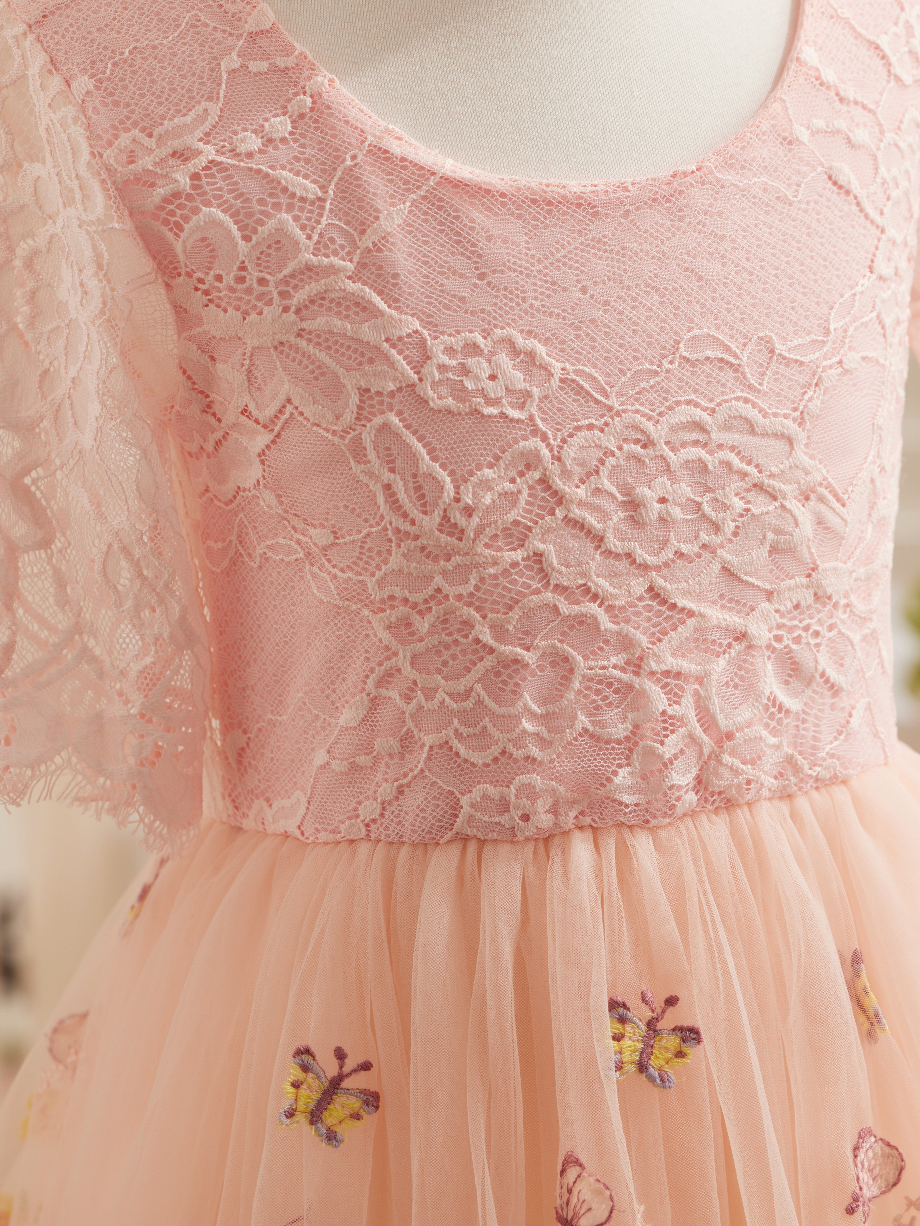 Salbeigrünes Blumenmädchenkleid aus Stoff mit U-Ausschnitt und Tüll (2003227581) 