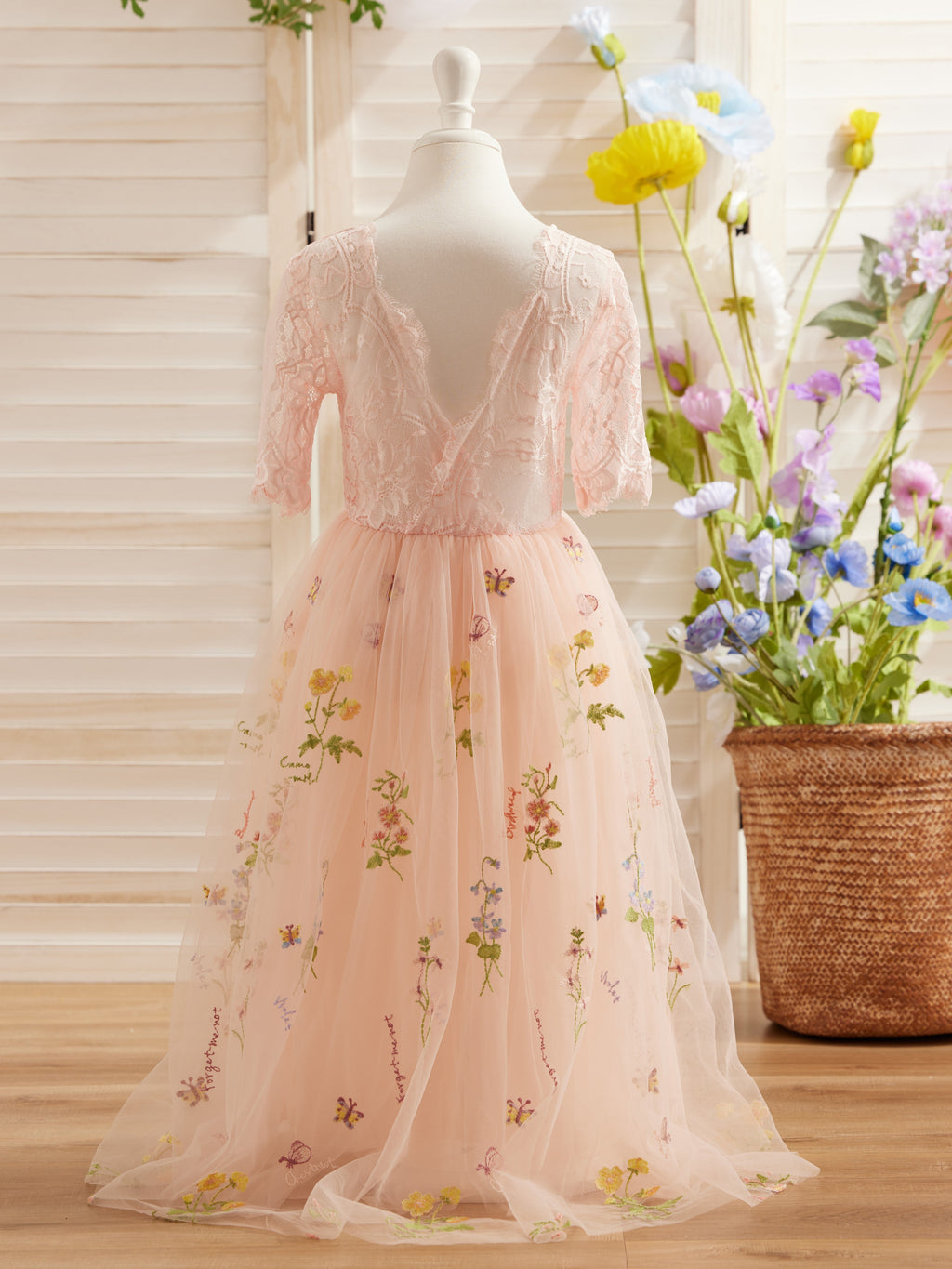Salbeigrünes Blumenmädchenkleid aus Stoff mit U-Ausschnitt und Tüll (2003227581) 