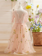 Salbeigrünes Blumenmädchenkleid aus Stoff mit U-Ausschnitt und Tüll (2003227581) 