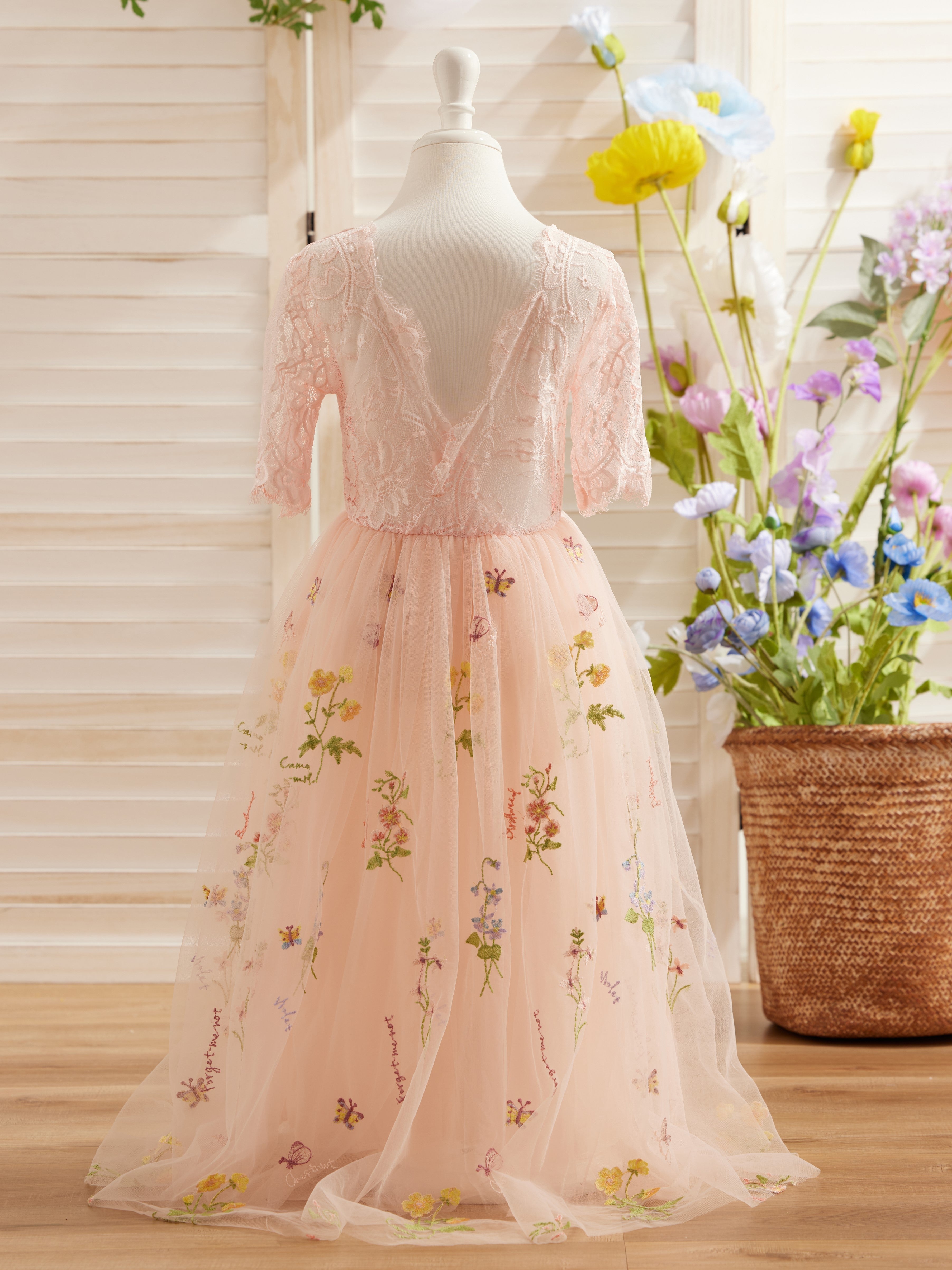 Salbeigrünes Blumenmädchenkleid aus Stoff mit U-Ausschnitt und Tüll (2003227581) 