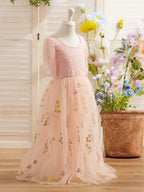 Salbeigrünes Blumenmädchenkleid aus Stoff mit U-Ausschnitt und Tüll (2003227581) 