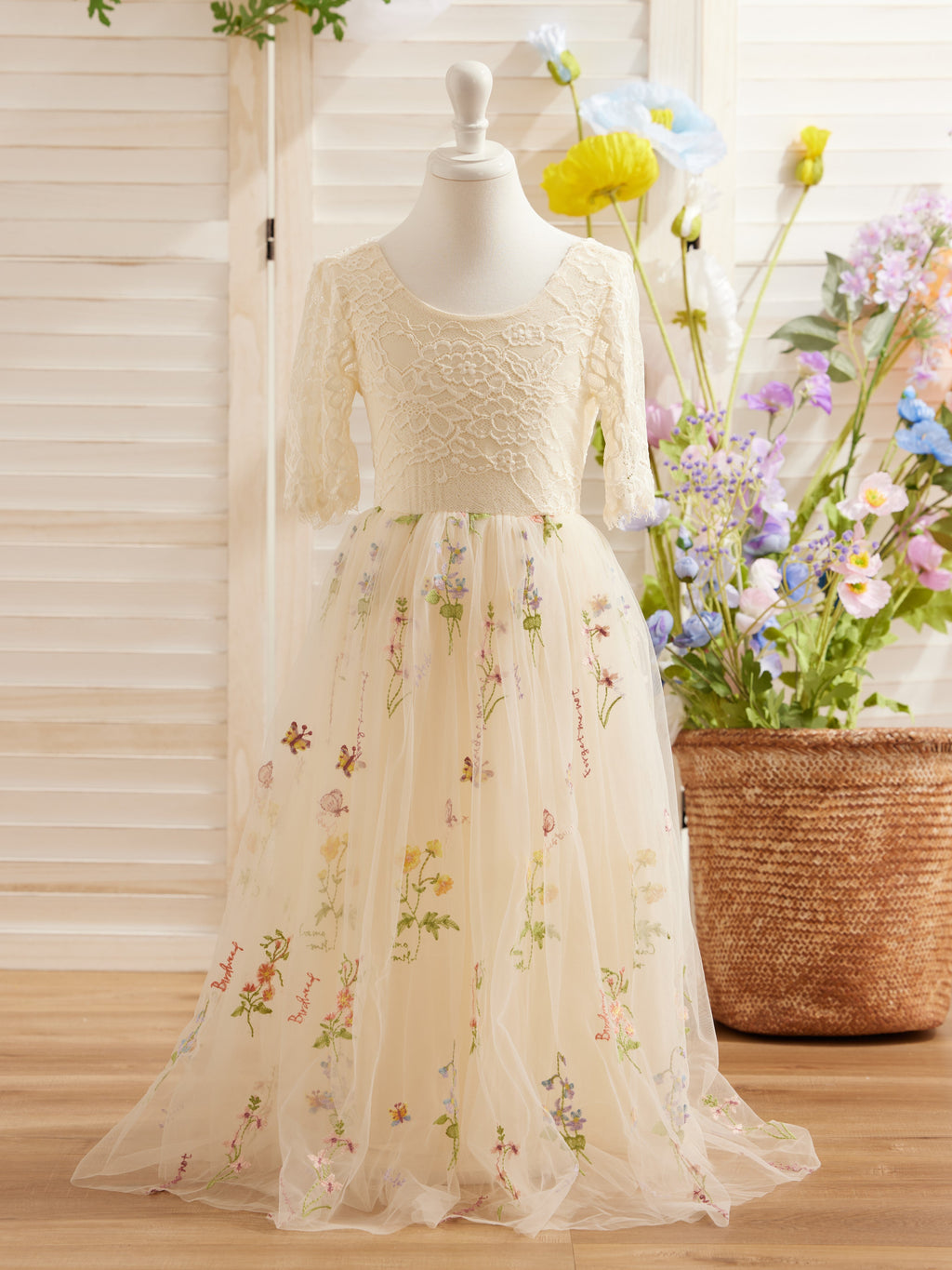 Salbeigrünes Blumenmädchenkleid aus Stoff mit U-Ausschnitt und Tüll (2003227581) 