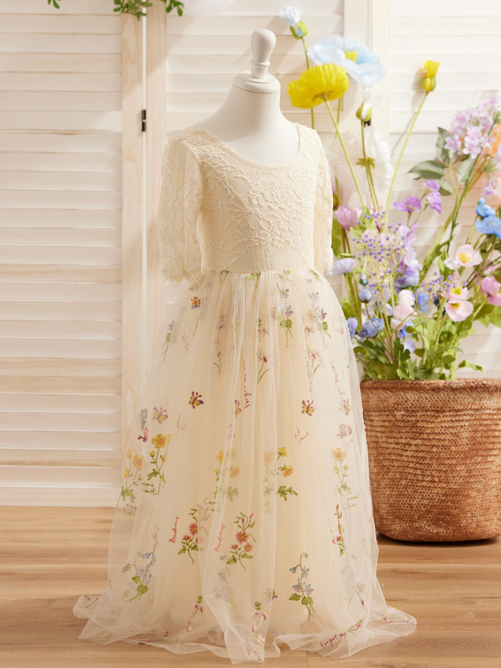 Salbeigrünes Blumenmädchenkleid aus Stoff mit U-Ausschnitt und Tüll (2003227581) 